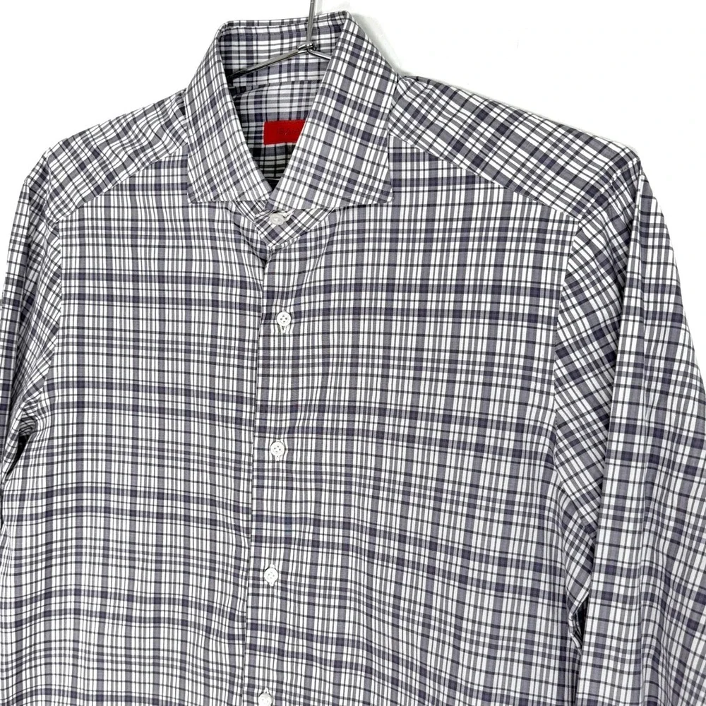 ISAIA Napoli Mens Dress Shirt 15 1/2 Check‎ Plaid Black & White Button Up